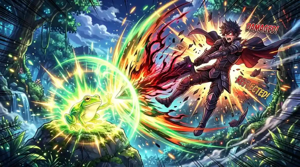 Gold Experience damage reflection ability activating through a life-created frog in battle