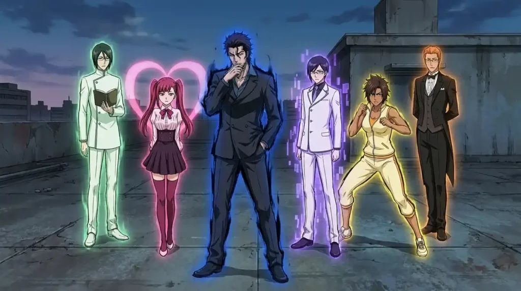 Group anime shot of all major Fullbring users standing together, each with unique aura and pose, Bleach style