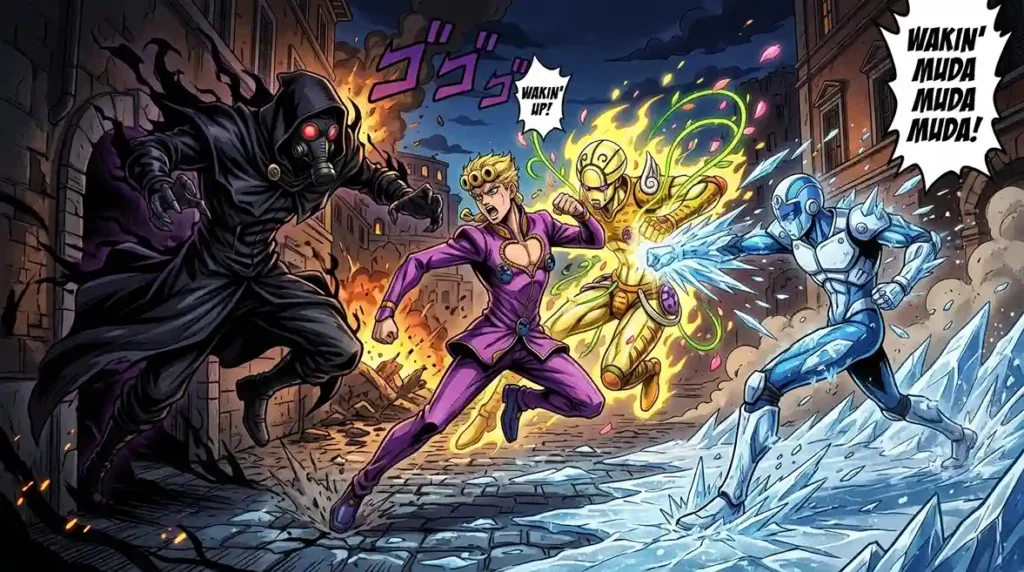 Giorno Giovanna using Gold Experience against Black Sabbath and Ghiaccio in an intense JoJo battle