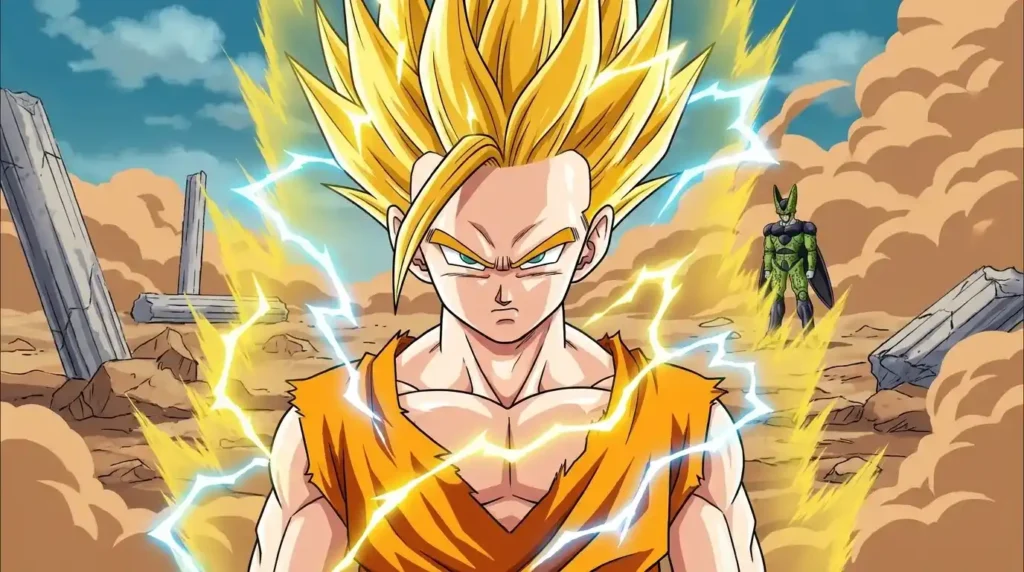Super Saiyan 2 Gohan during Cell Games with lightning aura and golden hair