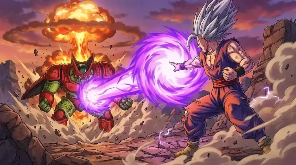 Beast Gohan firing Special Beam Cannon at Cell Max during the final battle.