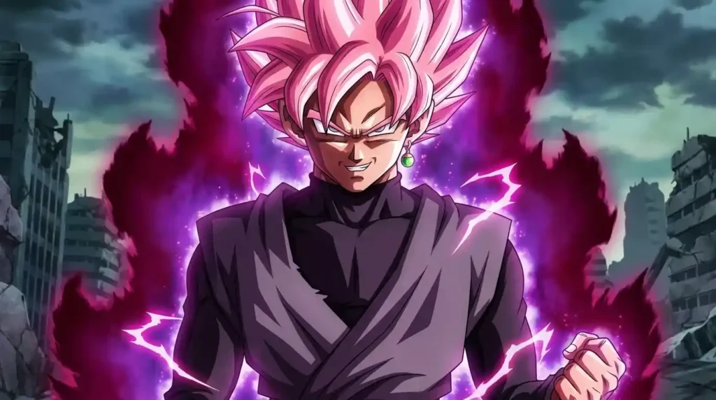 Goku Black Super Saiyan Rosรฉ transformation with pink hair and purple aura