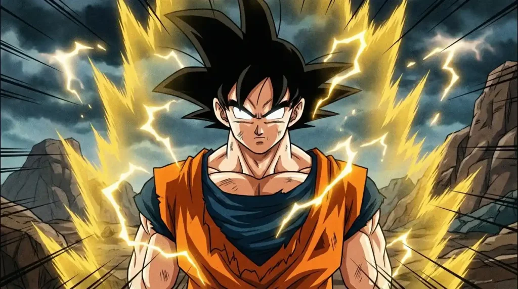 Goku Pseudo Super Saiyan form with golden aura and glowing eyes in battle