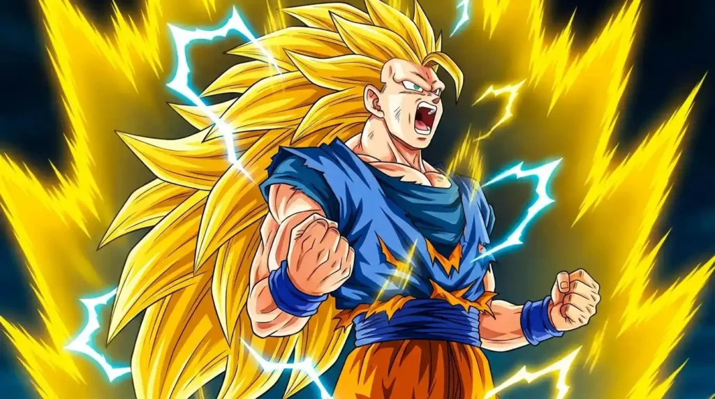 Super Saiyan 3 Goku with long golden hair and powerful lightning aura