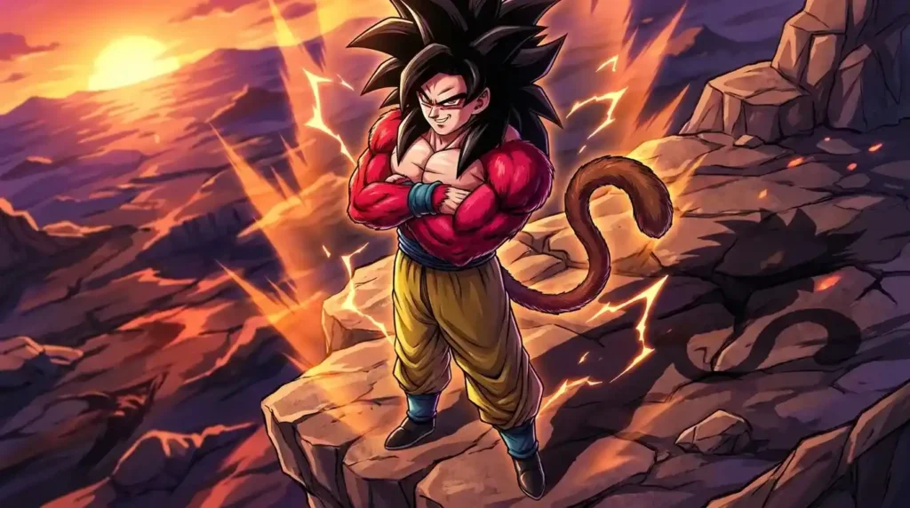 Super Saiyan 4 Goku with red fur, tail, and primal Saiyan appearance