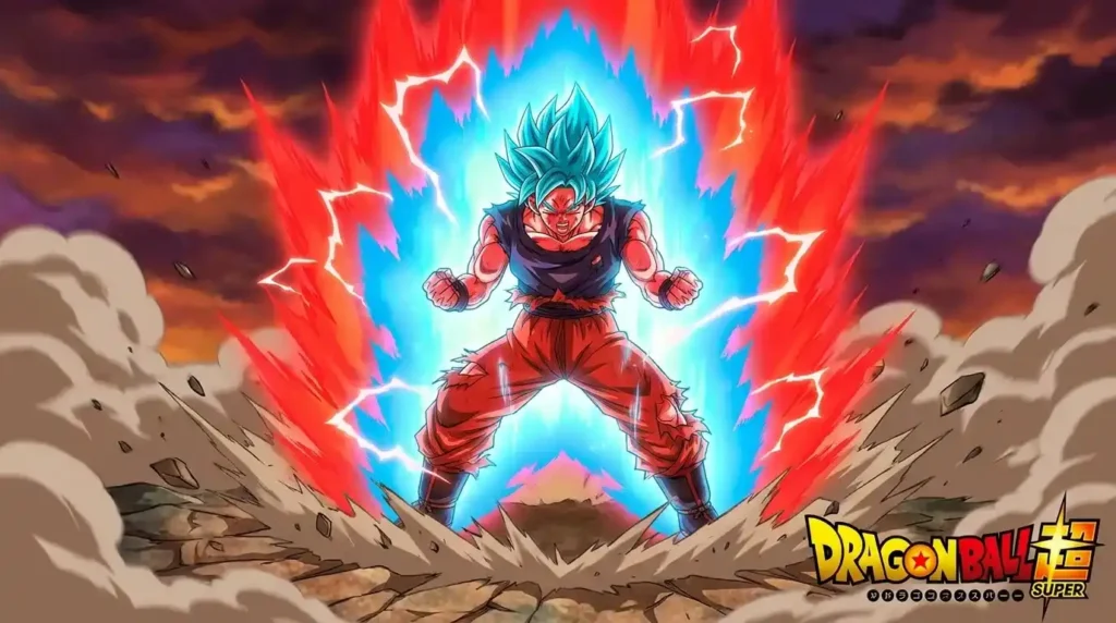 Goku Super Saiyan Blue Kaioken form with red and blue layered aura effects