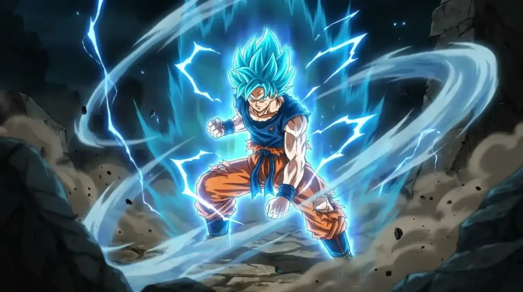 Goku Super Saiyan Blue form with bright blue hair and glowing energy aura