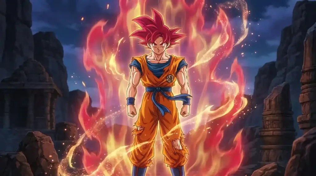 Super Saiyan God Goku with red hair and divine red aura from Dragon Ball Super