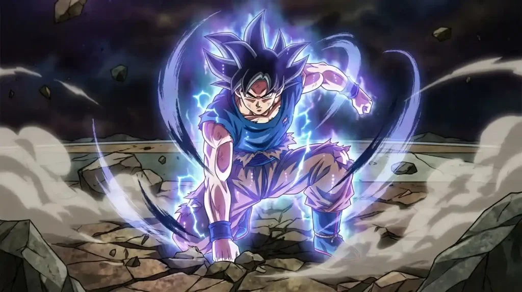Goku using Ultra Instinct Sign Omen form with blue-purple aura and black hair.