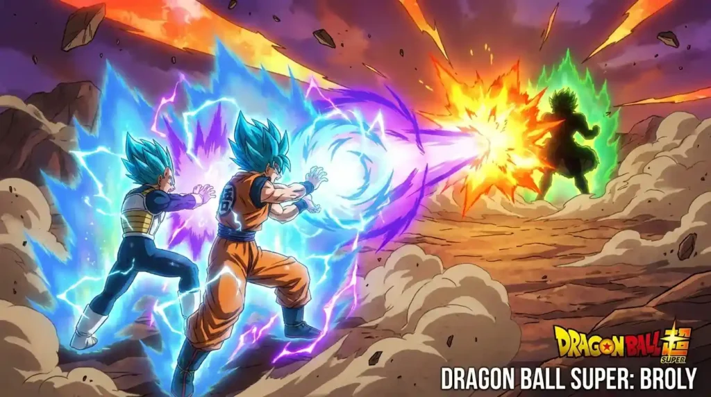 Goku and Vegeta combining attacks against Broly with Transcendent God Kamehameha and Super Galick Gun