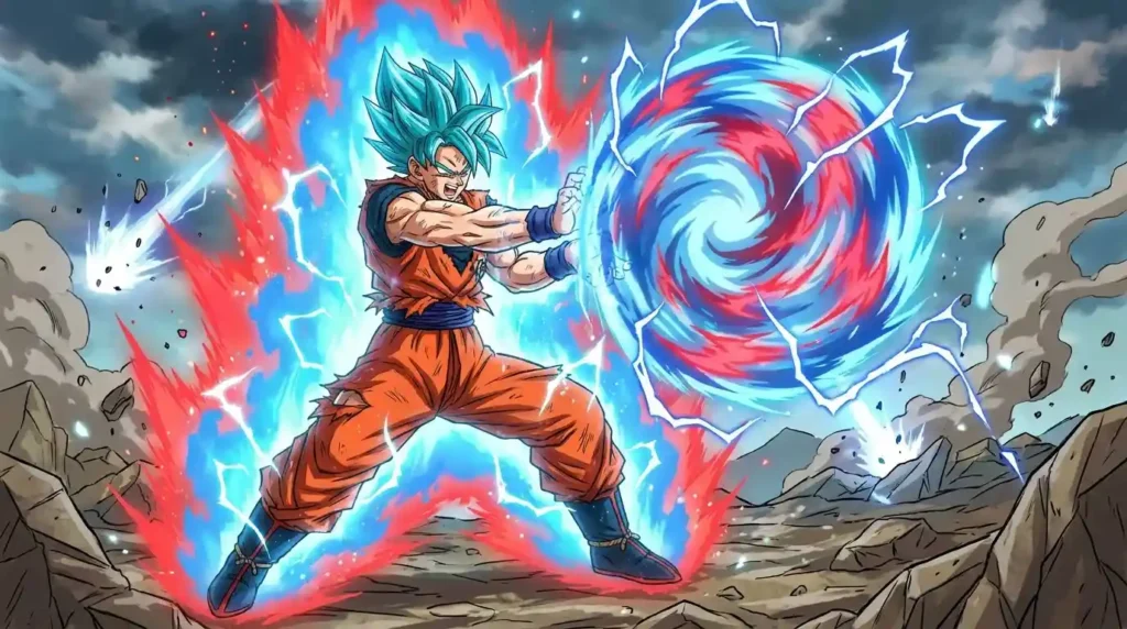 Goku charging a powerful 10x God Kamehameha with intense divine energy and lightning effects