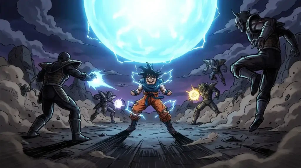 Goku vulnerable while charging a Spirit Bomb during an intense battle.