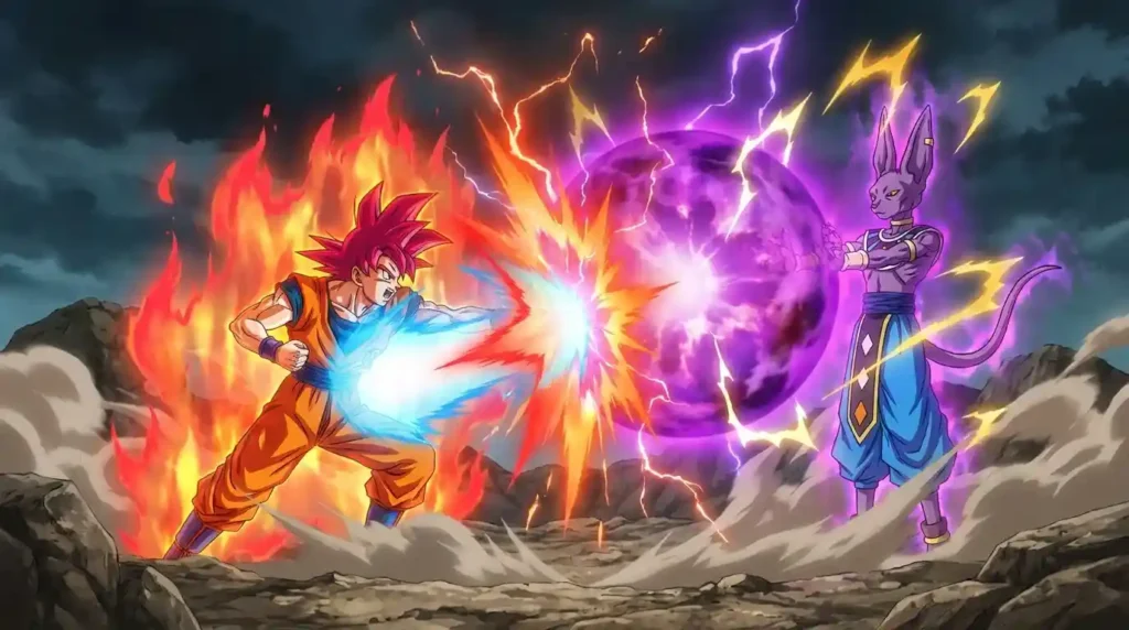 Super Saiyan God Goku using Limitbreaker Kamehameha against Beerus in Dragon Ball Super