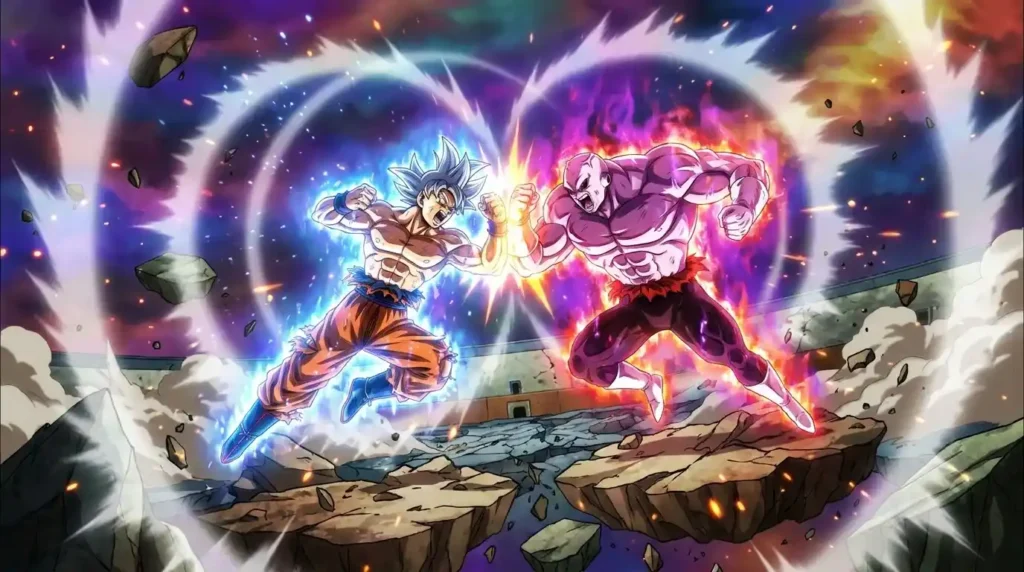 Ultra Instinct Goku battling Jiren during the Tournament of Power.
