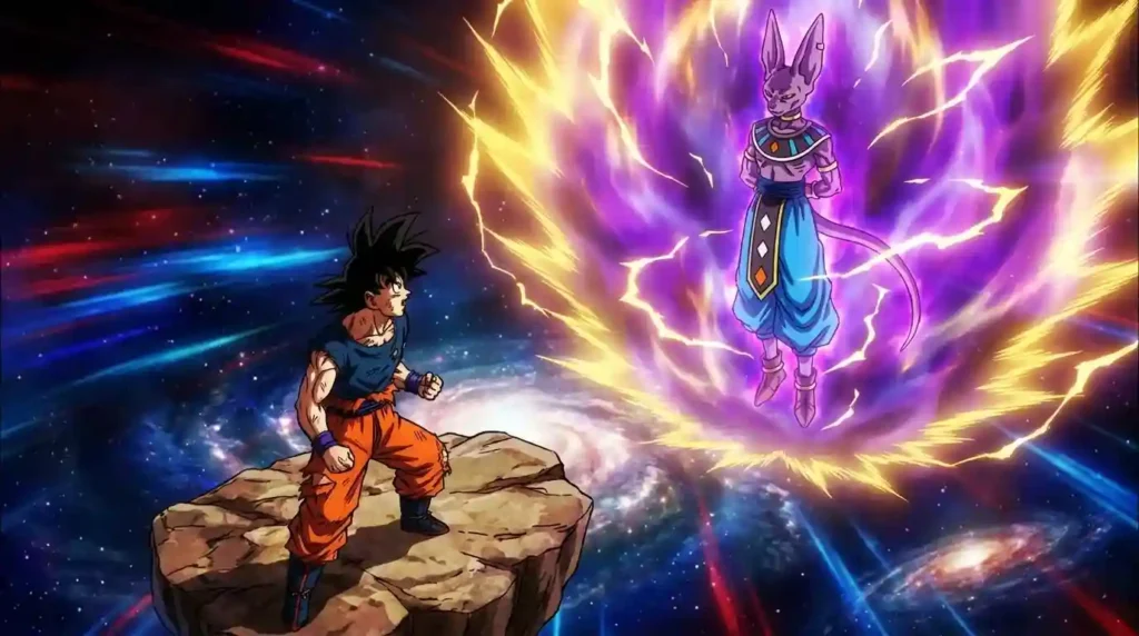 Goku confronting Beerus for the first time as divine God Ki energy