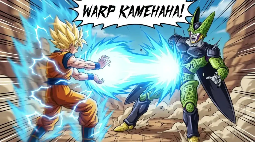 Goku using Warp Kamehameha against Perfect Cell during their legendary Dragon Ball Z battle
