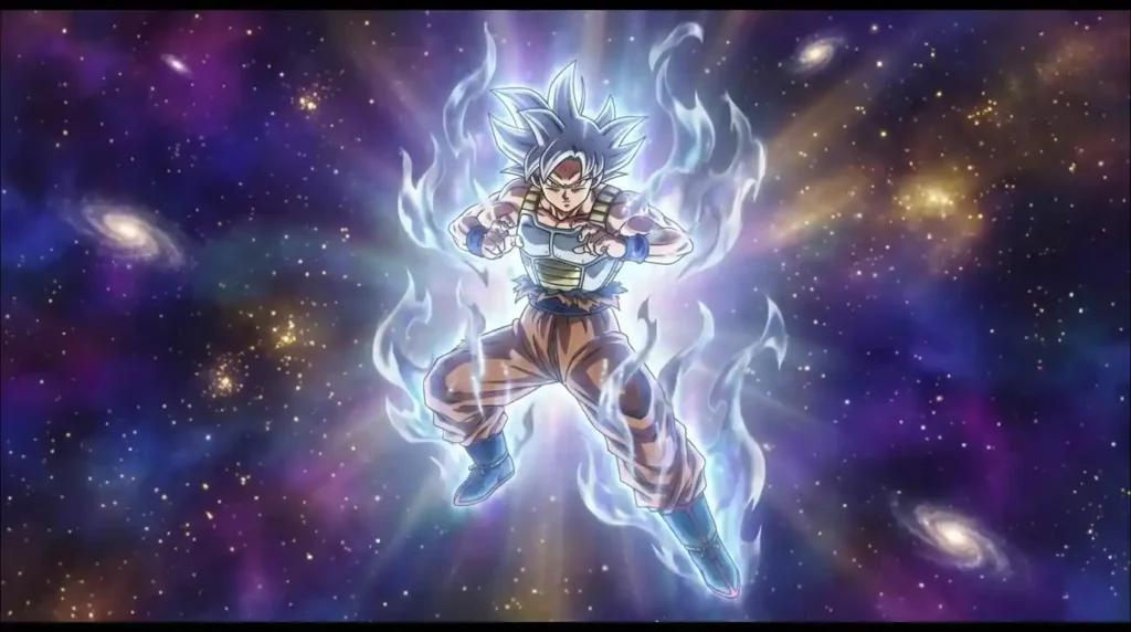 Goku in Mastered Ultra Instinct form with silver hair and divine aura.
