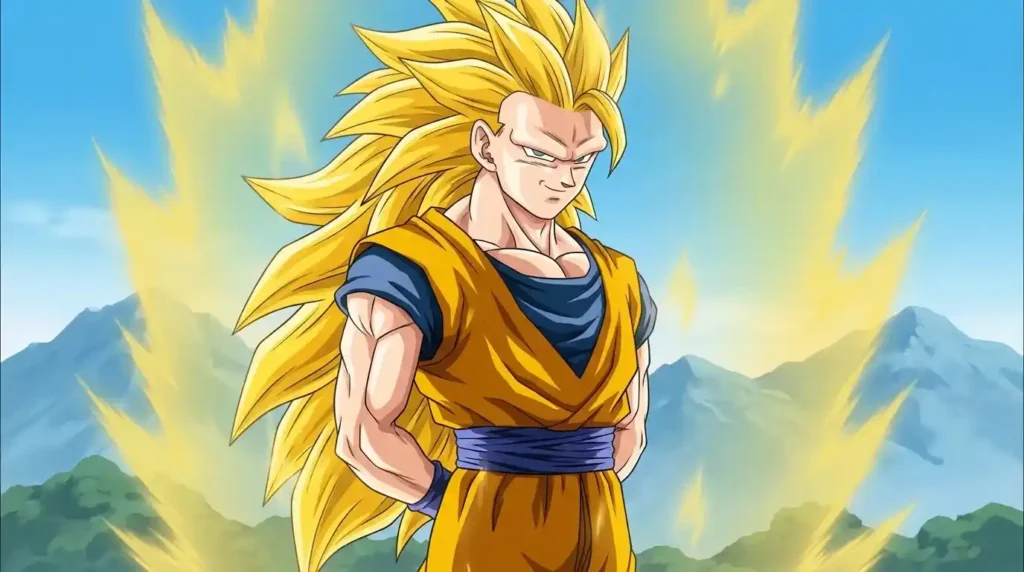 Mastered Super Saiyan Goku with calm expression and controlled golden aura