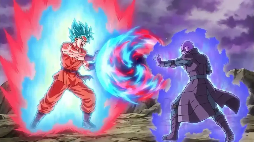 Super Saiyan Blue Kaioken Goku firing a Kamehameha at Hit during Universe 6 Tournament