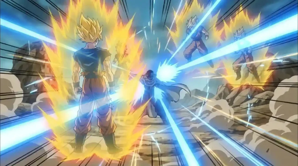 Beyond God Instant Kamehameha showing Goku teleporting and attacking from multiple directions
