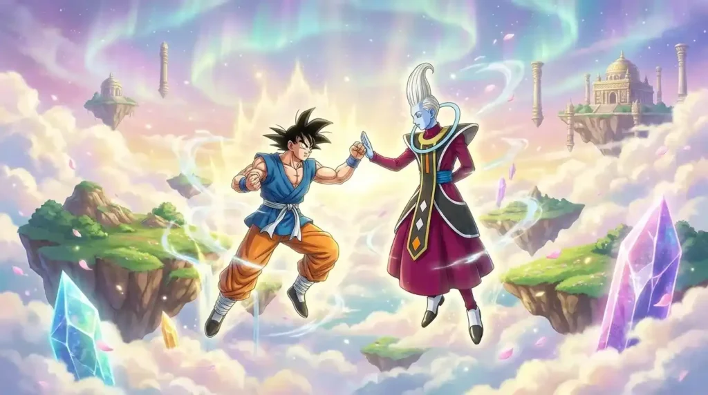 Goku training with Whis to master Ultra Instinct through divine discipline.