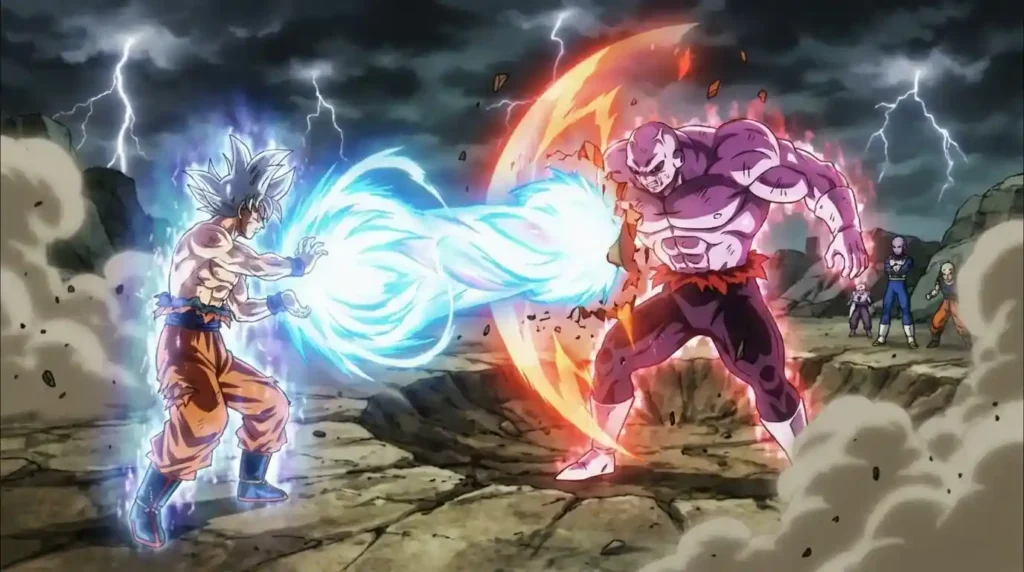 Ultra Instinct Goku firing Supreme Kamehameha at Jiren during the final Tournament of Power battle