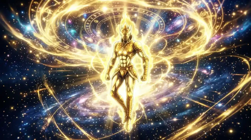 Gold Experience Requiem surrounded by divine golden energy during its ultimate Stand evolution