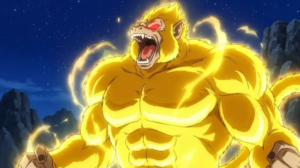Golden Great Ape transformation from Dragon Ball GT with golden fur and powerful aura