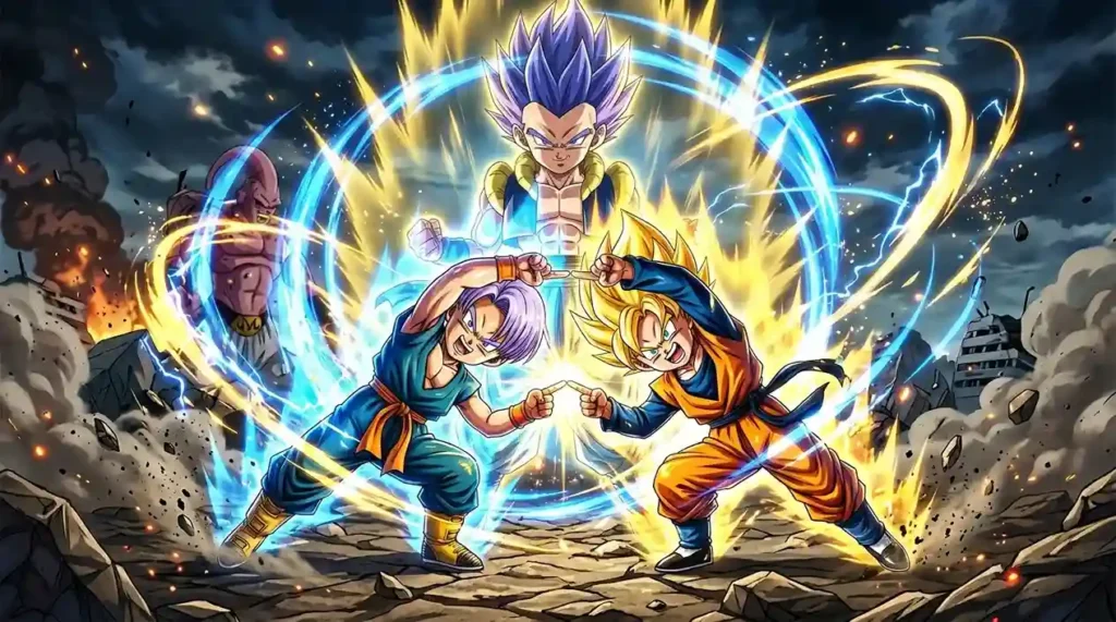 Goten and Trunks performing the Fusion Dance to create a powerful fused warrior.