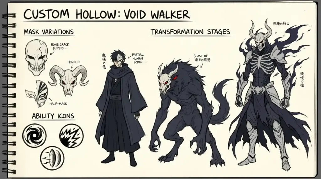 Custom Hollow character creation sheet with masks and ability concepts