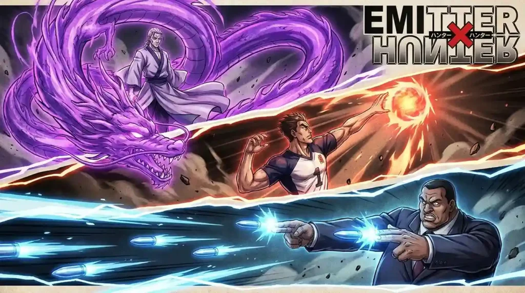 Famous Hunter x Hunter Emitter Nen users showcasing powerful aura attacks and special abilities.