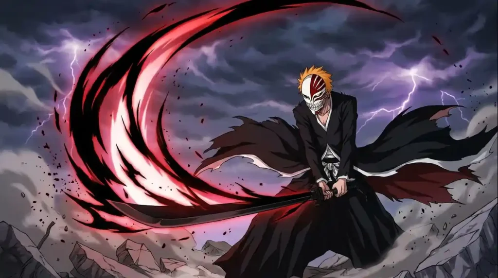Ichigo Kurosaki using Bankai and Hollow mask to release a massive Getsuga Tensho attack