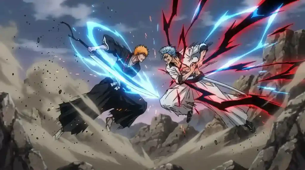 Ichigo Kurosaki fighting Grimmjow during a powerful Resurreccion battle in Bleach