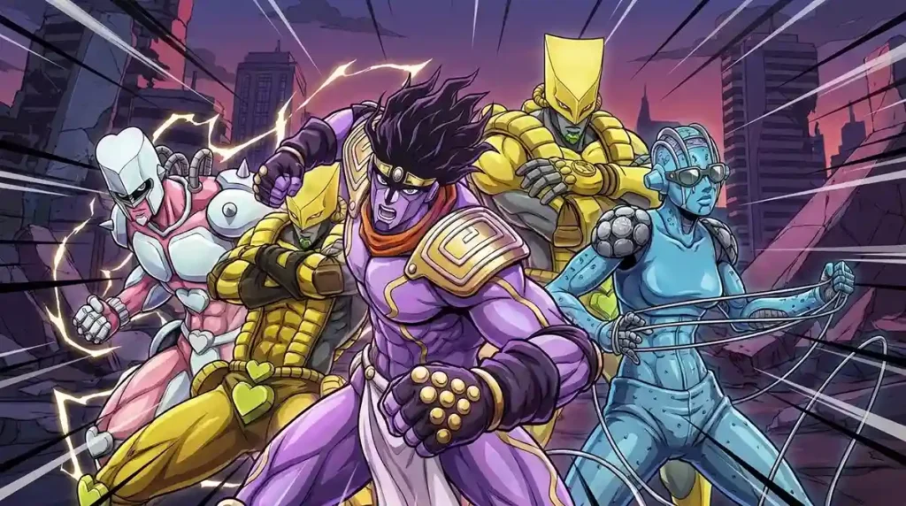 Popular JoJo Stands including Star Platinum, The World, Crazy Diamond, and Stone Free in action poses.