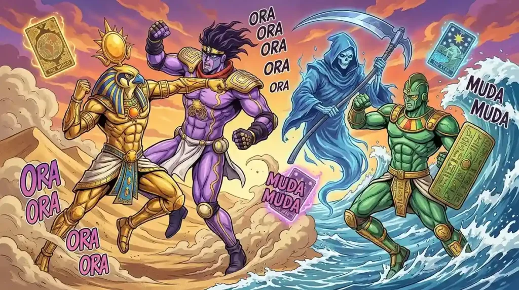 Intense JoJo Stand battle featuring Egyptian God Stands and Tarot-inspired powers in a dramatic fight scene.