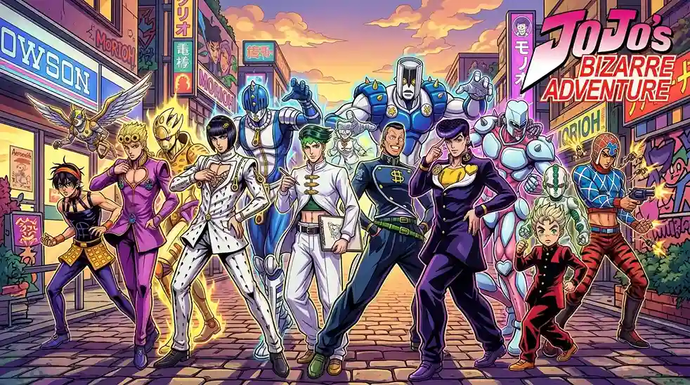 Various JoJo Stand Users including Bucciarati, Rohan, and Okuyasu with their Stands.
