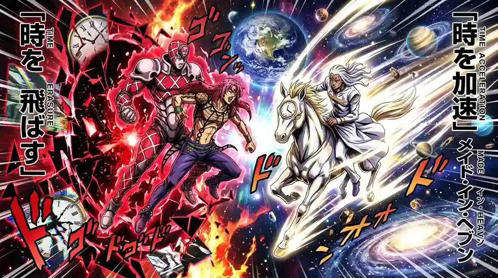 King Crimson and Made in Heaven demonstrating counters to Time Stop abilities.