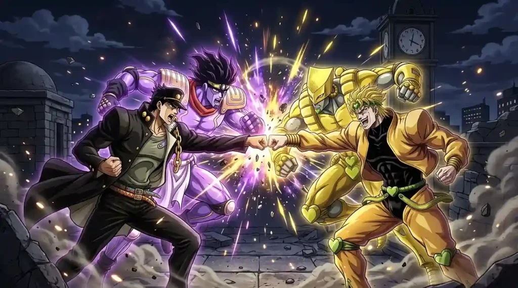 Jotaro Kujo and Dio Brando battling with Star Platinum and The World during time stop.