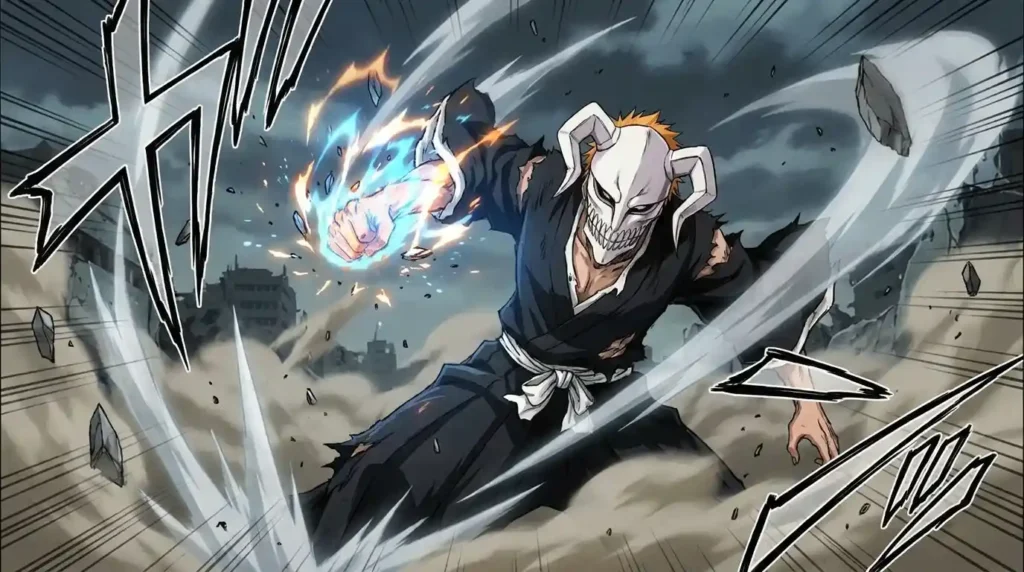 Kensei Muguruma unleashing explosive punches with Hollow mask powers activated in Bleach