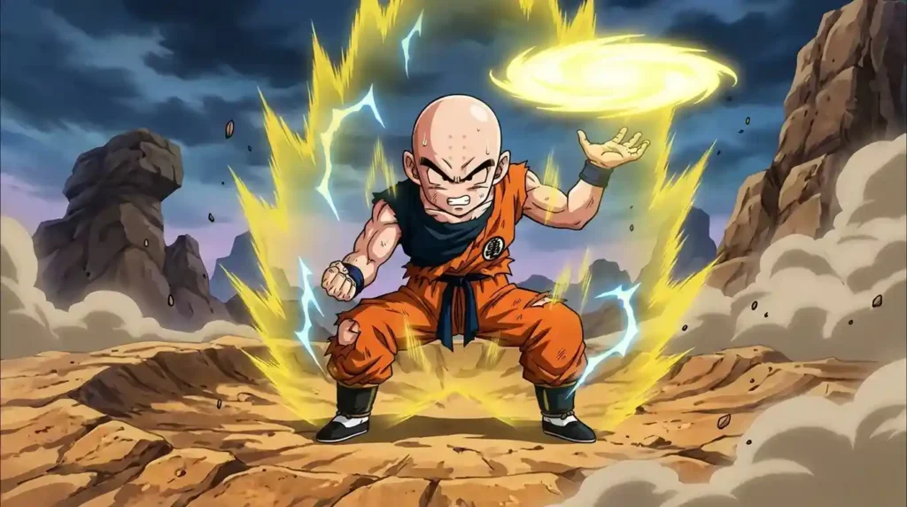 Krillin creating a glowing Destructo Disk while preparing for battle on a rocky battlefield.