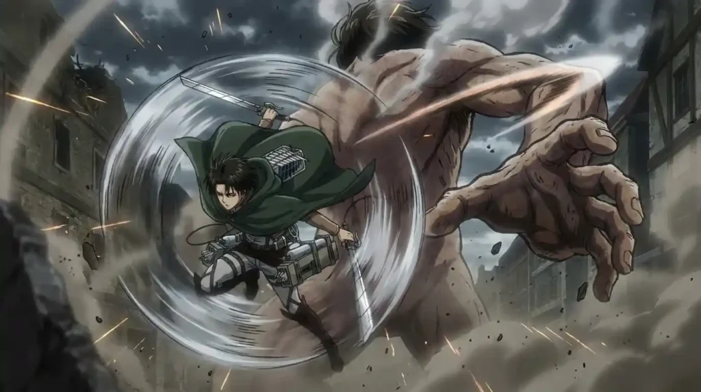 Levi Ackerman executing a spinning slash attack on a Titan using ODM Gear.