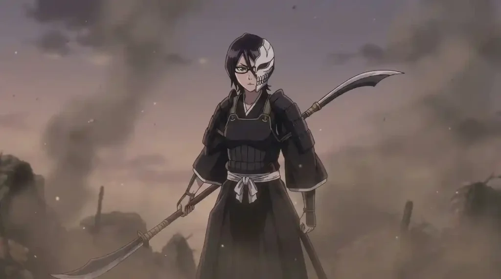 Lisa Yadomaru holding Haguro Tonbo with her Hollow mask partially revealed during battle