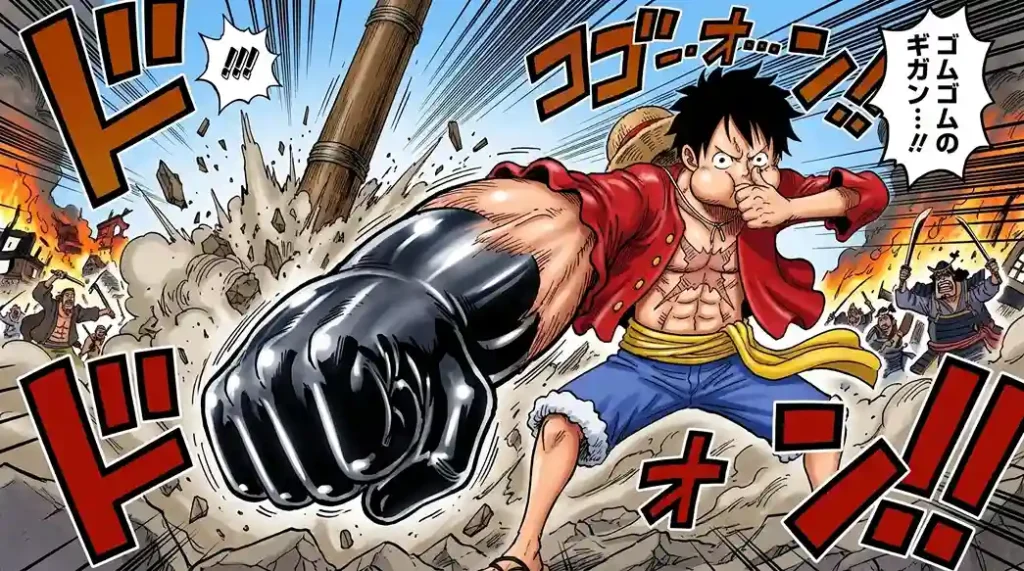 Luffy using Gear 5 body manipulation, giant form transformation