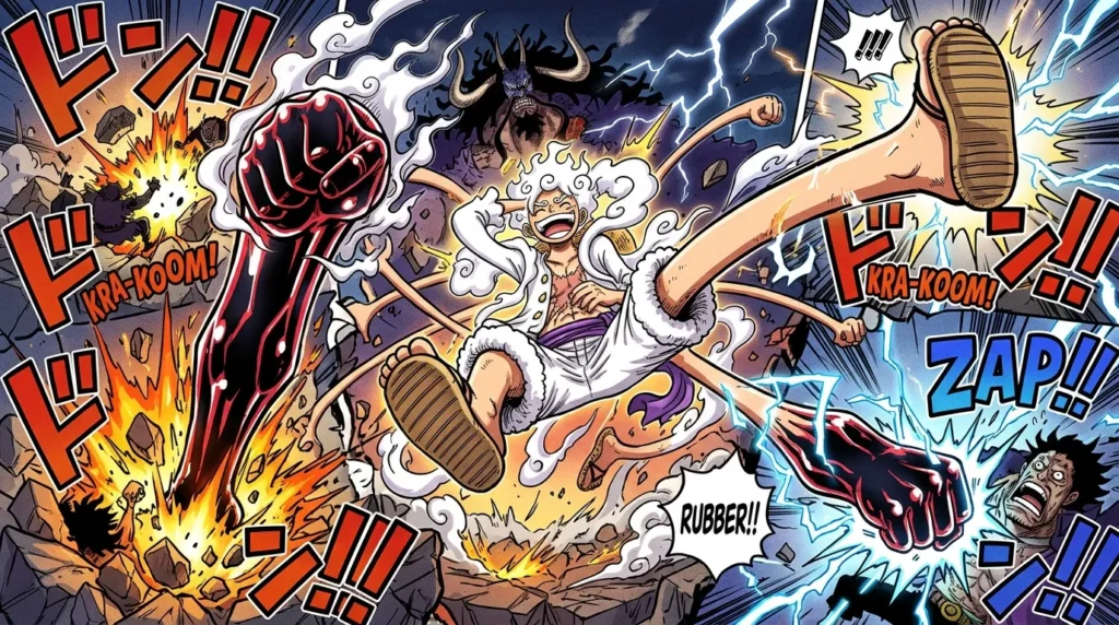 Luffy performing Gear 5 techniques including Bajrang Gun, Dawn Gatling, Star Gun, and Kaminari