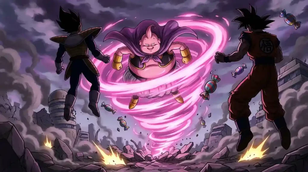 Majin Buu using absorption abilities to gain power from other fighters.