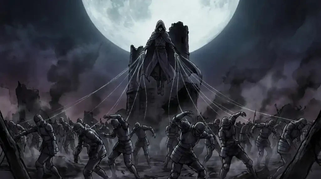 Powerful Manipulator Nen user controlling an entire battlefield under the moonlight