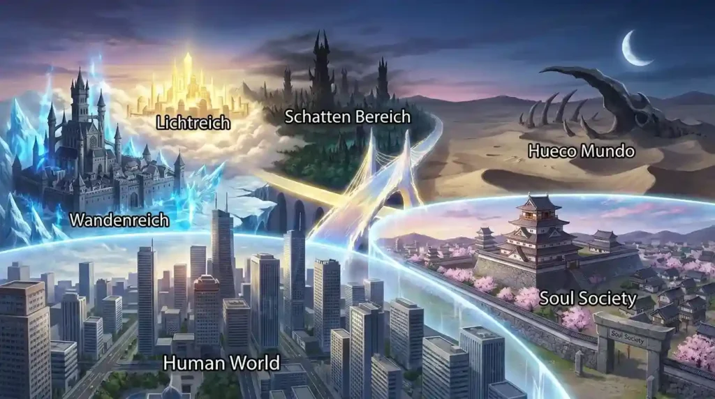 Bleach Quincy worldbuilding featuring Wandenreich, Soul Society, Hueco Mundo, and the Three Worlds