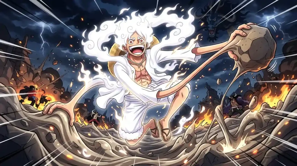 Monkey D. Luffy in Gear 5 awakening form showcasing Nika powers