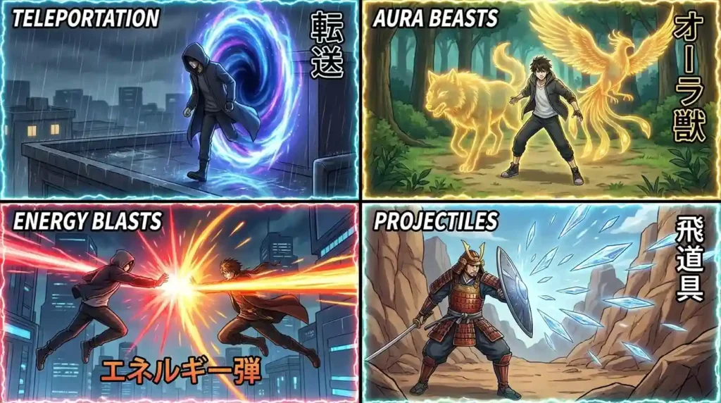 Different Emitter Nen abilities including teleportation, aura beasts, energy blasts, and projectiles.