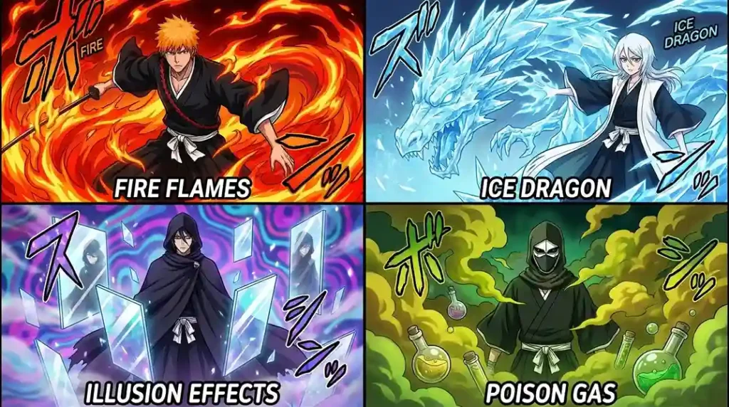 Different Soul Reaper abilities including fire, ice, illusion, and poison powers in Bleach
